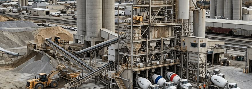 Cement plant with silos and multiple cement mixer trucks preparing to load