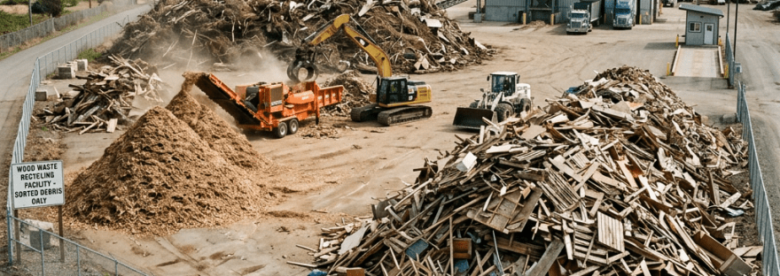 Wood waste recycling facility with machinery processing large piles of wood debris and pallets