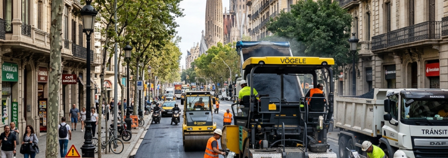 Construction workers repaving asphalt road on a city street near La Sagrada Familia