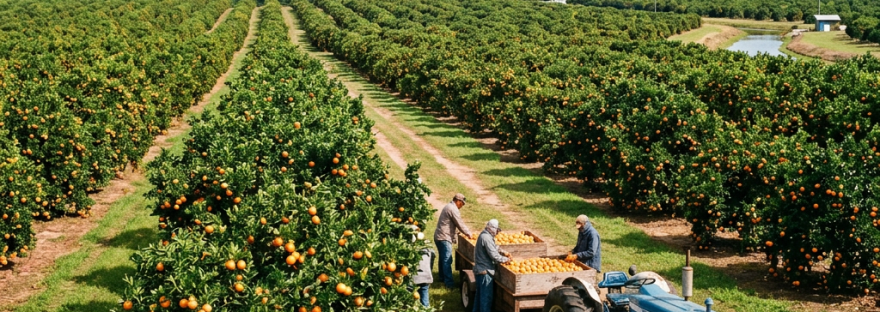 Workers loading oranges onto a trailer attached to a blue tractor in an orange orchard