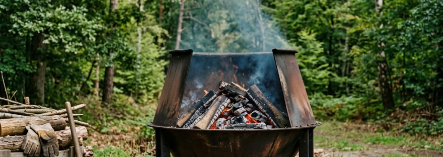 Metal fire pit burning wood in a forest clearing with firewood stack and gardening gloves nearby