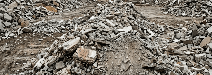 Construction site with pile of concrete debris, excavator, cranes, and workers in safety vests