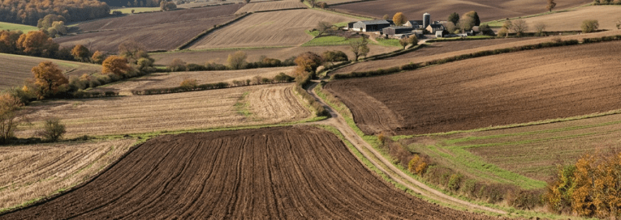Agricultural landscape with exposed soil, no people