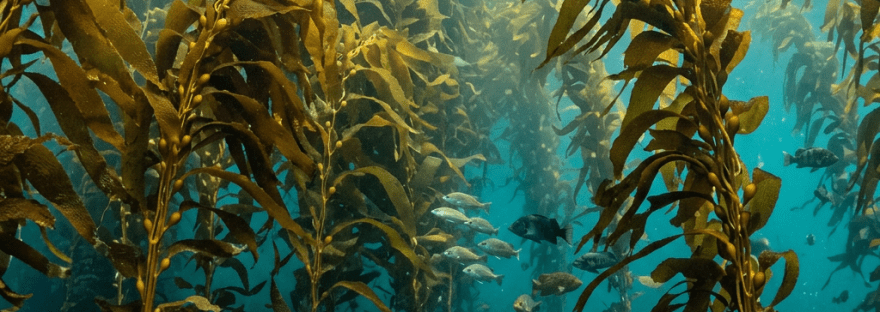 Dense underwater kelp forest with various fish swimming