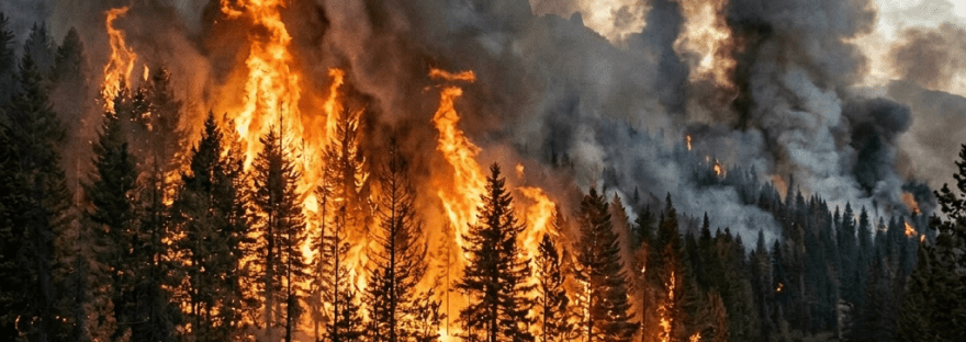 Firefighters and fire trucks combating large forest wildfire with flames and smoke