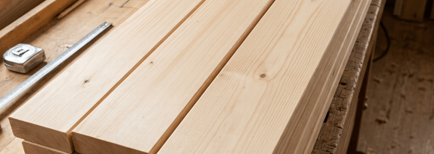 Stack of freshly milled wooden boards on a workshop workbench