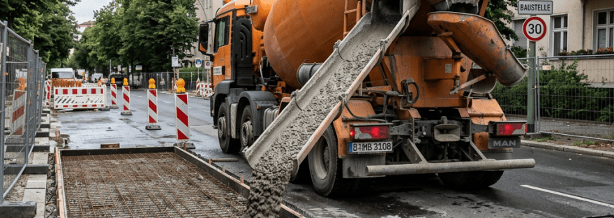 Concrete mixer pouring fresh concrete into a reinforced roadwork trench
