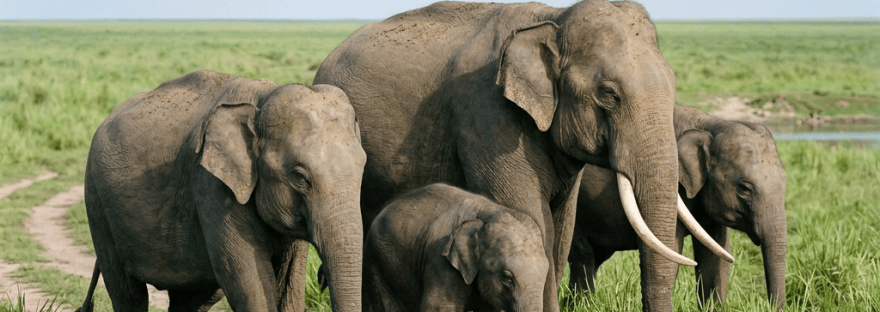 Herd of elephants walking through grassland beside a pond