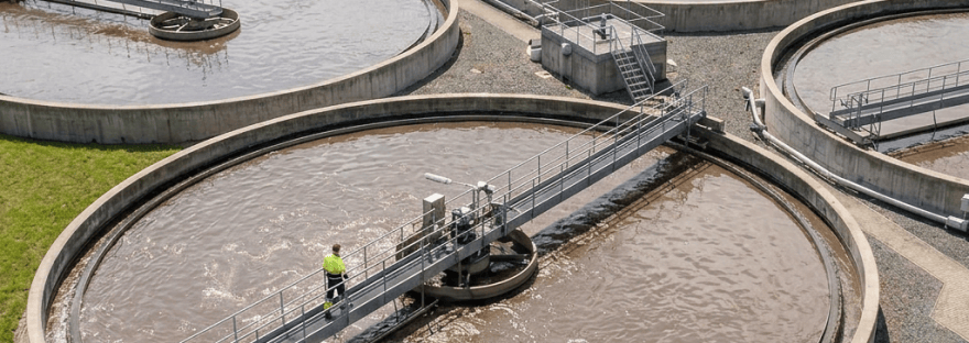 Aerial view of circular wastewater treatment tanks and aeration basins