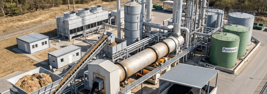 Aerial view of industrial pyrolysis plant with biomass conveyors and storage tanks