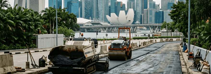 Road construction with Singapore skyline, Marina Bay Sands, and ArtScience Museum