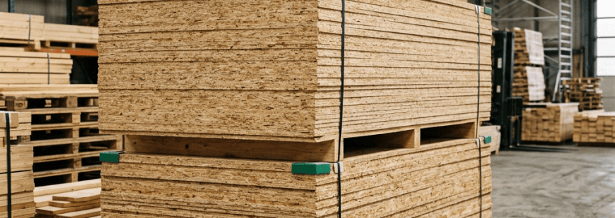 Stacks of plywood panels secured on pallets inside a warehouse