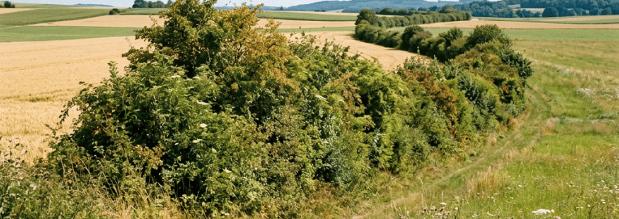 Wildflower-lined path winding through green and golden fields