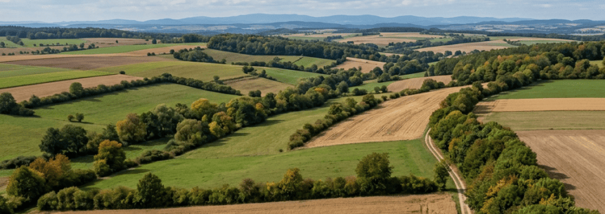 Aerial view of patchwork farmland with tree-lined roads and distant hills